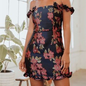 Pop the Bottle Navy Blue Floral Jacquard Ruffled Mini Dress